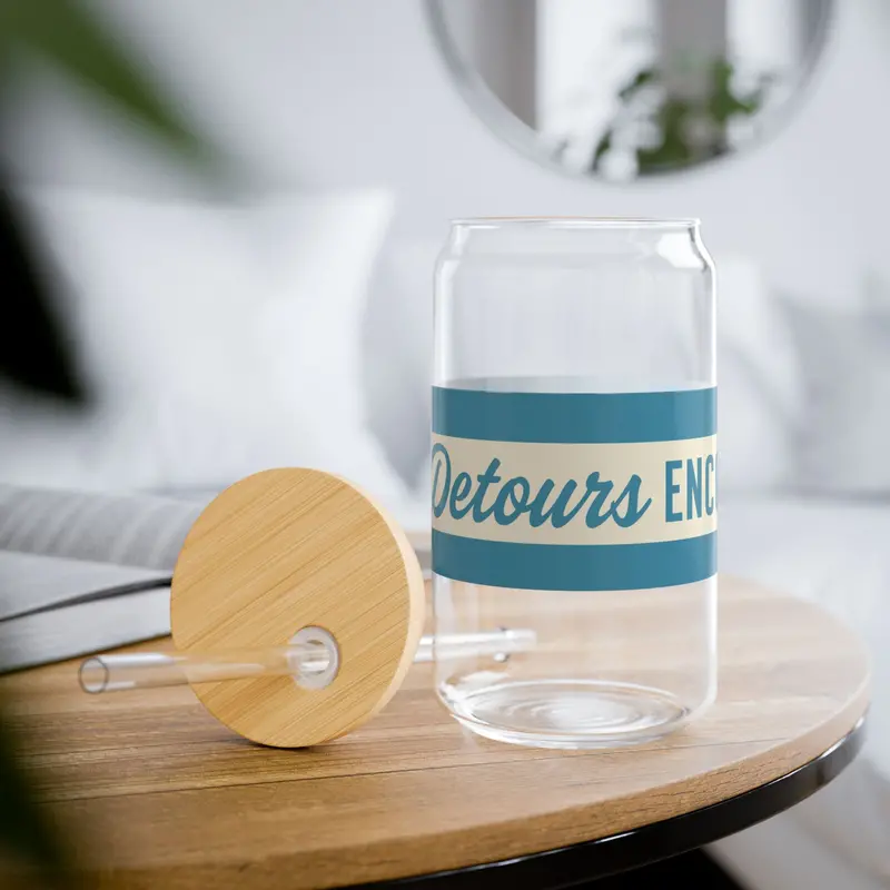 16Oz Glass Sipper With Bamboo Lid — 'Detours Encouraged' Travel-Ready Straw Tumbler - Blue 1