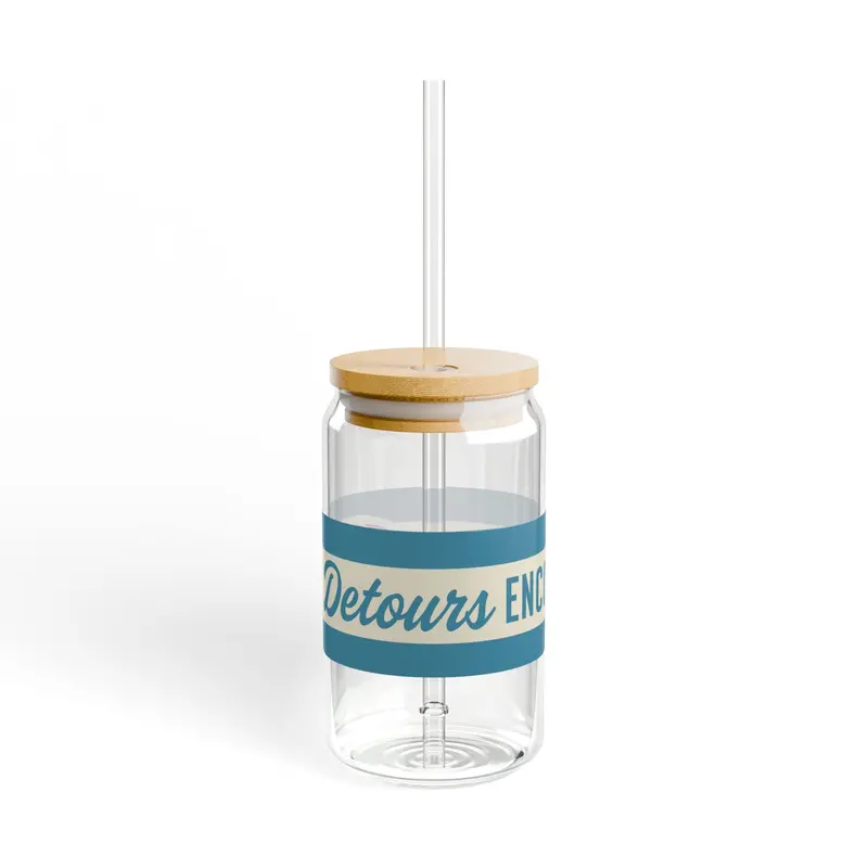 16Oz Glass Sipper With Bamboo Lid — 'Detours Encouraged' Travel-Ready Straw Tumbler - Blue 2