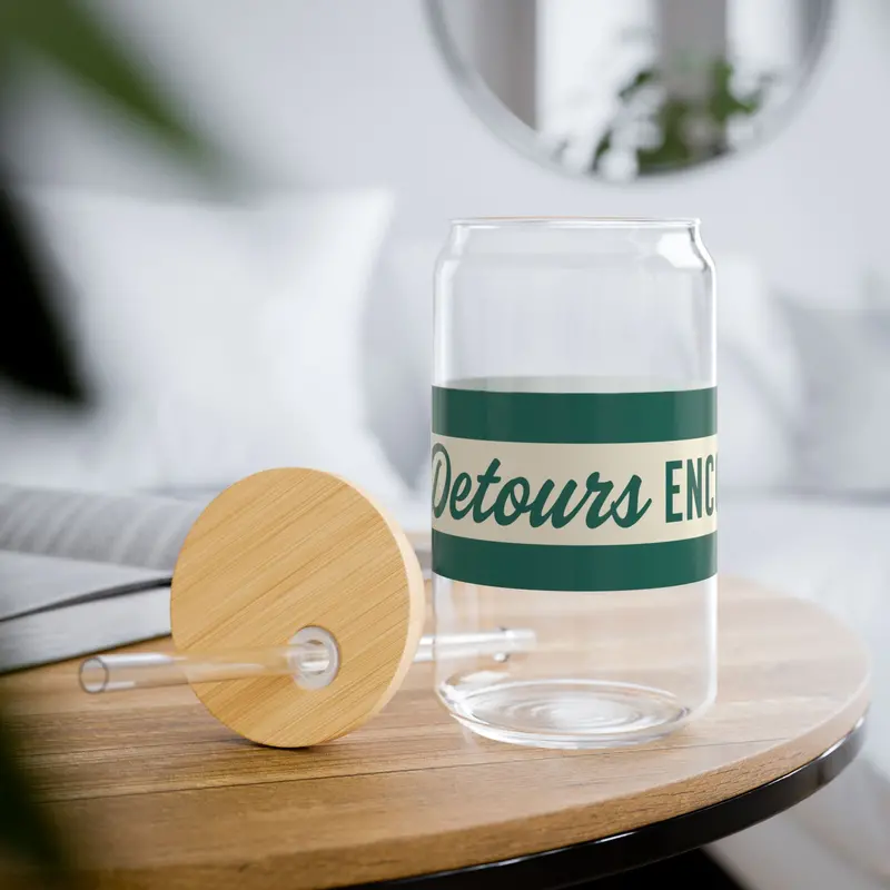 16Oz Glass Sipper With Bamboo Lid — 'Detours Encouraged' Travel-Ready Straw Tumbler - Green 1