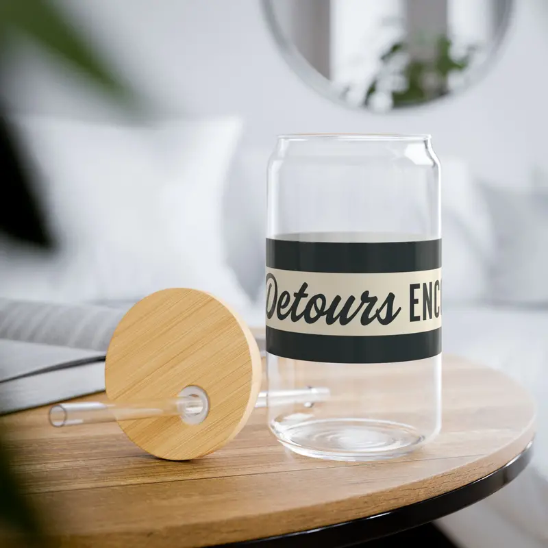 16Oz Glass Sipper With Bamboo Lid — 'Detours Encouraged' Travel-Ready Straw Tumbler - Grey 1