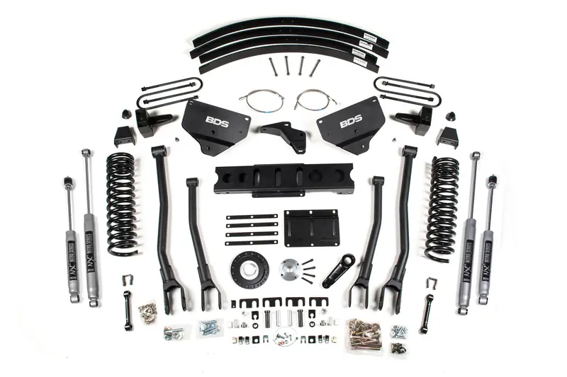 8 Inch Lift Kit W/ 4-Link Ram 3500 13-18 4Wd Diesel 5 Inch Block Add A Leaf 6 Bolt Indexing Ring Fox 2.0 Performance Shocks 1