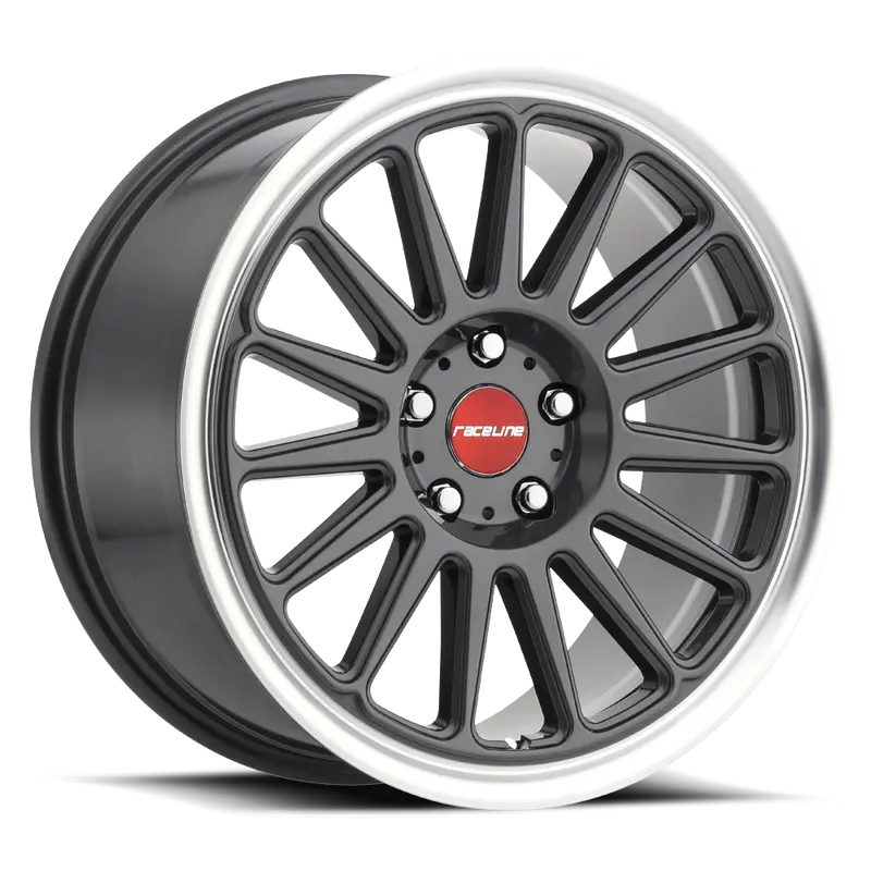 Aluminum Wheels 18X8.5 Grip 315G Machined Lip-Red Logo Gloss Gunmetal Grray Multi Spoke 35 Offset 5 On 100 Bolt Pattern 72.6 Bore Raceline 1