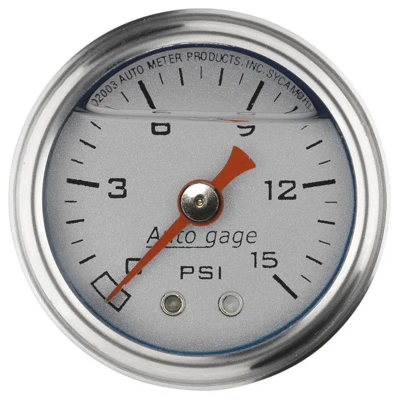 Autometer Autogage 1.5-Inch Liquid-Filled Mechanical Fuel Pressure Gauge — 0–15 Psi, Silver Dial 1