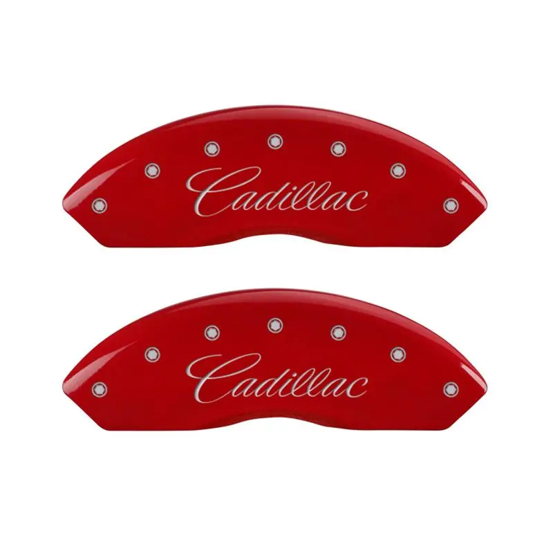 Mgp Engraved 4-Piston Caliper Covers – Front: Cursive Cadillac Logo, Rear: Sts Script; Red Finish Over Silver Base 1