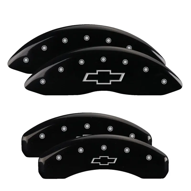 Mgp Engraved 4-Piston Caliper Covers — Front & Rear, Bowtie Design, Black Base With Silver Accents 1